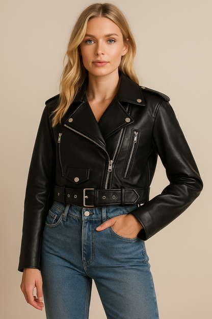 Korte Lederen Bikerjas voor Dames Trendy Design - StudioMarella