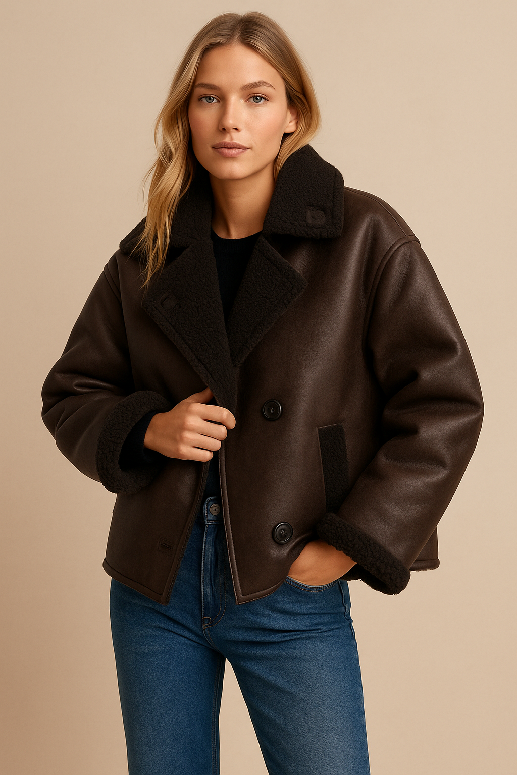 Dames Leren Pilotenjas Oversized Teddy Voering Met Zakken - StudioMarella