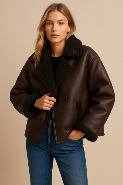 Dames Leren Pilotenjas Oversized Teddy Voering Met Zakken - StudioMarella