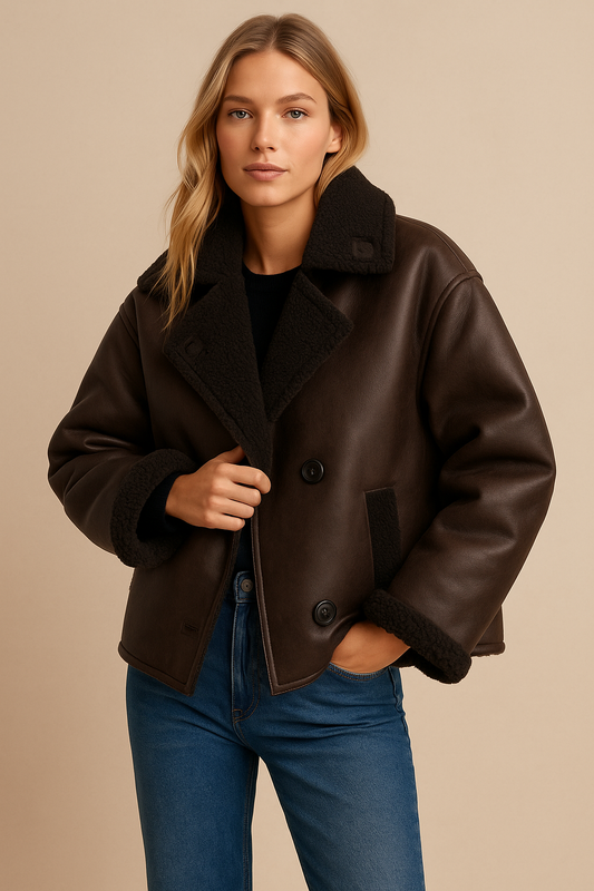 Dames Leren Pilotenjas Oversized Teddy Voering Met Zakken - StudioMarella