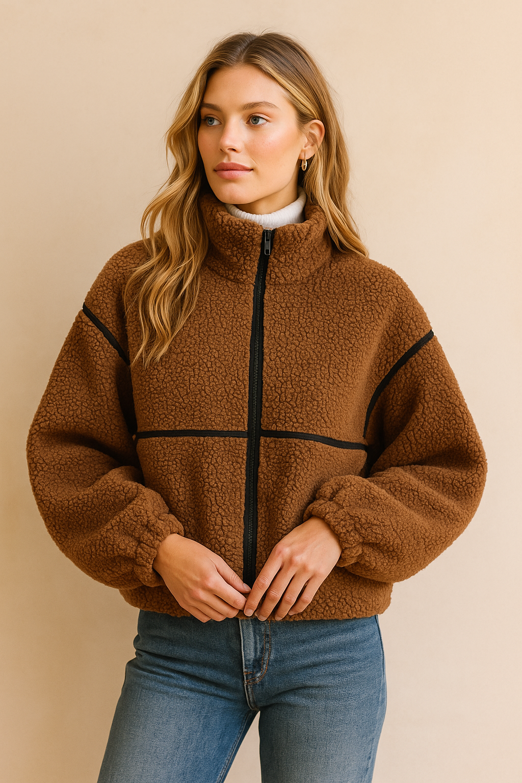 Dames Fleece Jas Warm Teddy Look Met Rits - StudioMarella