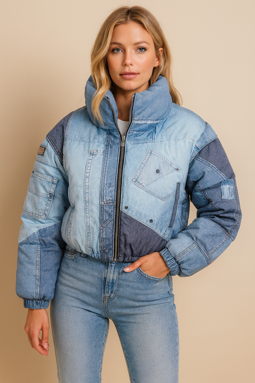 Dames Pufferjas Warm Met Jeansprint - StudioMarella