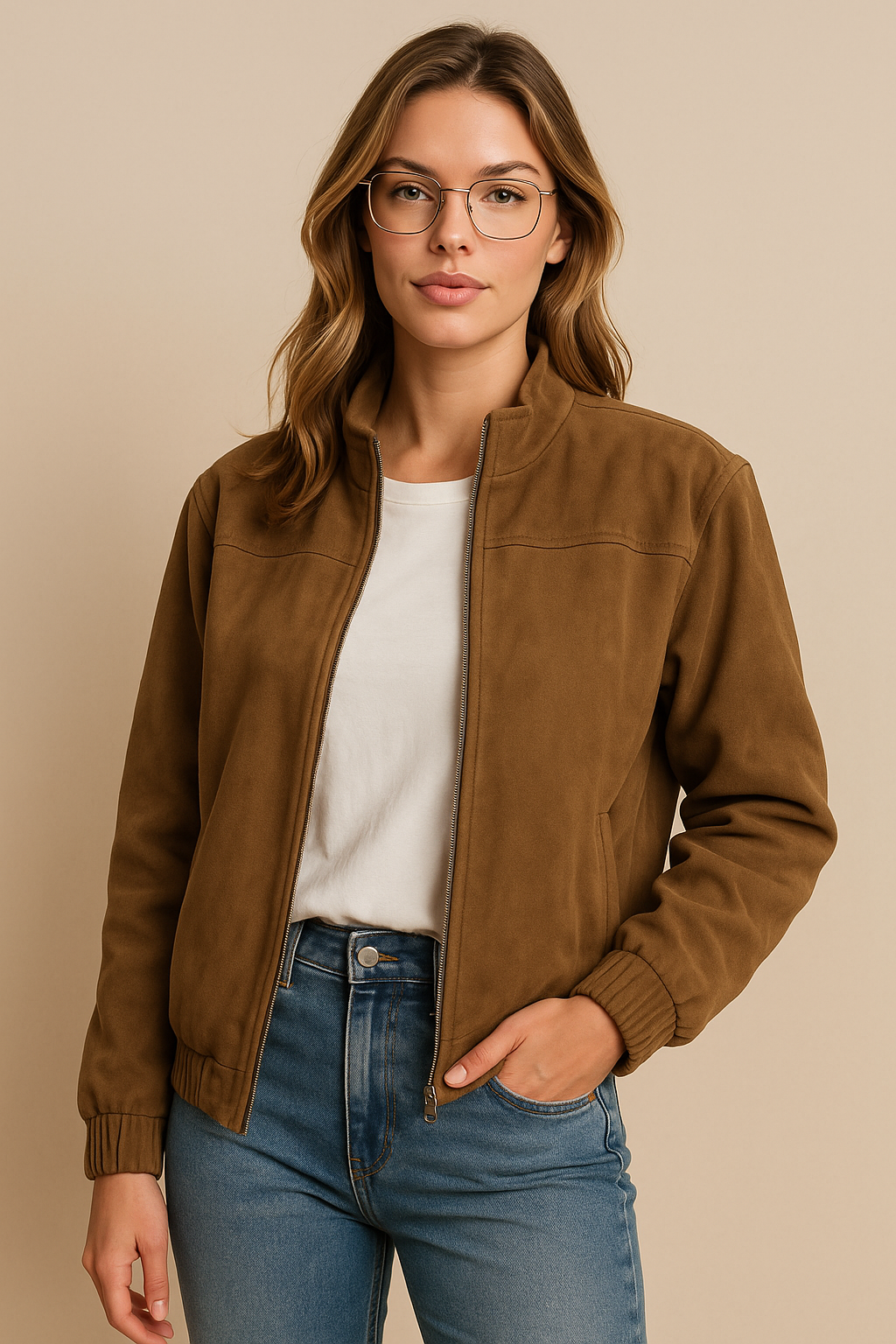Dames Bomberjas Faux Suede Vintage Stijl met Opstaande Kraag