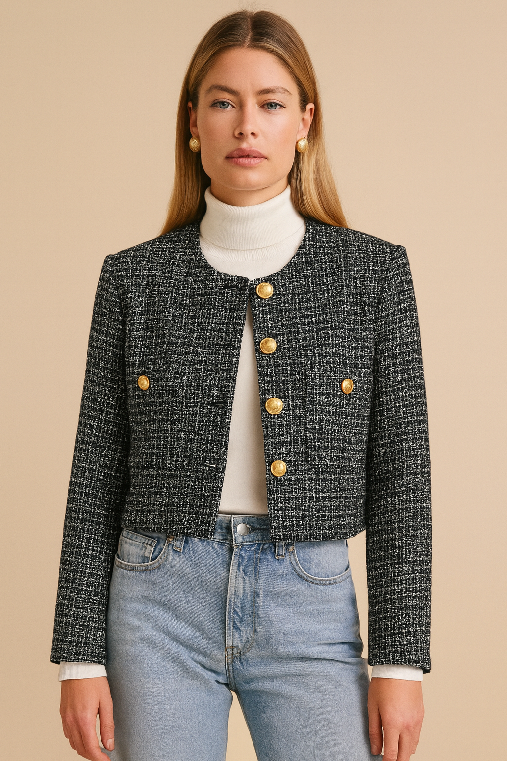 Dames Jas Bouclé Luxe Gouden Knopen - StudioMarella