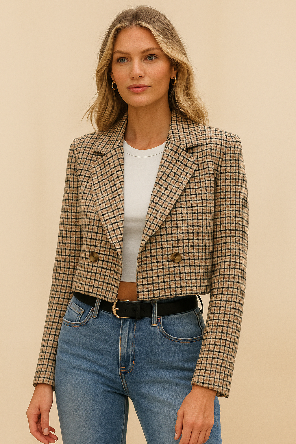 Dames Blazer Geruit Jacket Kort Model Stijlvol