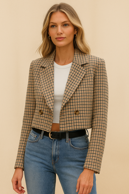 Dames Blazer Geruit Jacket Kort Model Stijlvol