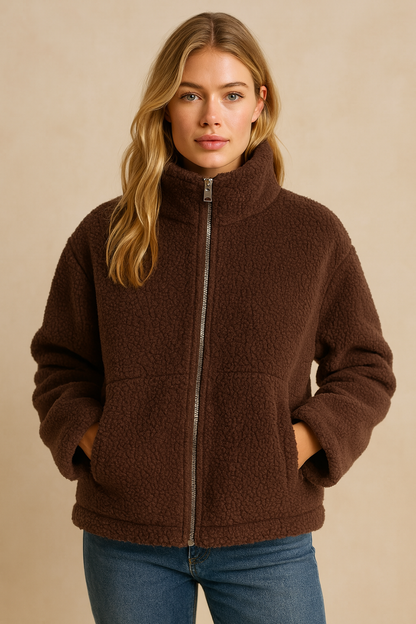 Dames Fleece Jas Warm met Hoge Kraag en Zakken Zwart - StudioMarella