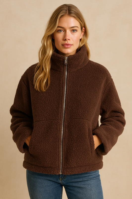 Dames Fleece Jas Warm met Hoge Kraag en Zakken Zwart - StudioMarella