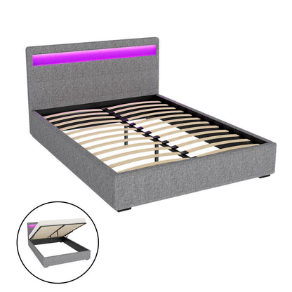 Tweepersoons Bedframe met Gaslift Opbergruimte en LED Hoofdbord – Grijs Gestoffeerd 140x190 cm