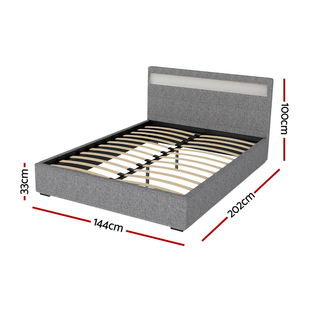 Tweepersoons Bedframe met Gaslift Opbergruimte en LED Hoofdbord – Grijs Gestoffeerd 140x190 cm