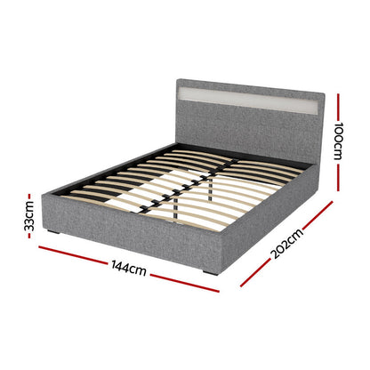 Tweepersoons Bedframe met Gaslift Opbergruimte en LED Hoofdbord – Grijs Gestoffeerd 140x190 cm