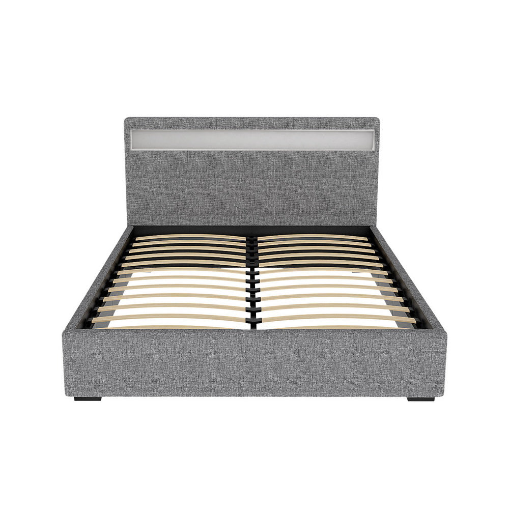 Tweepersoons Bedframe met Gaslift Opbergruimte en LED Hoofdbord – Grijs Gestoffeerd 140x190 cm