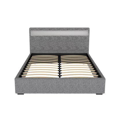 Tweepersoons Bedframe met Gaslift Opbergruimte en LED Hoofdbord – Grijs Gestoffeerd 140x190 cm