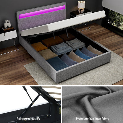 Tweepersoons Bedframe met Gaslift Opbergruimte en LED Hoofdbord – Grijs Gestoffeerd 140x190 cm