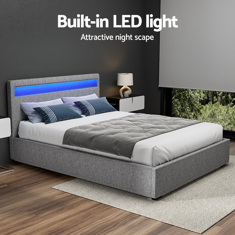 Tweepersoons Bedframe met Gaslift Opbergruimte en LED Hoofdbord – Grijs Gestoffeerd 140x190 cm