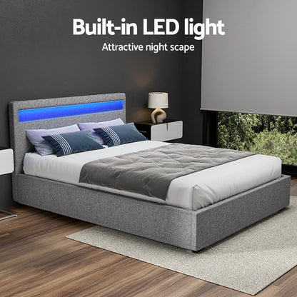 Tweepersoons Bedframe met Gaslift Opbergruimte en LED Hoofdbord – Grijs Gestoffeerd 140x190 cm