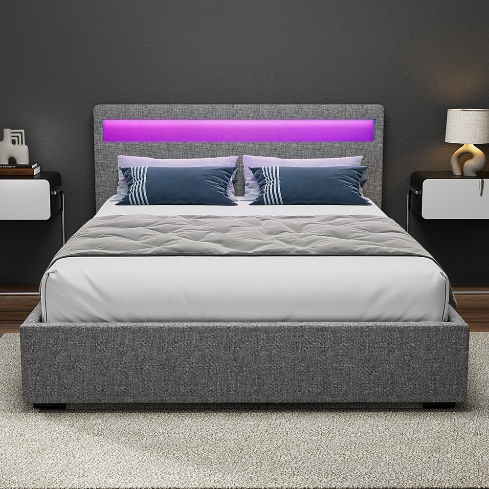 Tweepersoons Bedframe met Gaslift Opbergruimte en LED Hoofdbord – Grijs Gestoffeerd 140x190 cm