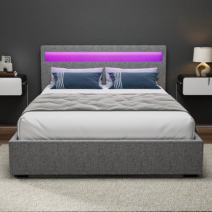 Tweepersoons Bedframe met Gaslift Opbergruimte en LED Hoofdbord – Grijs Gestoffeerd 140x190 cm