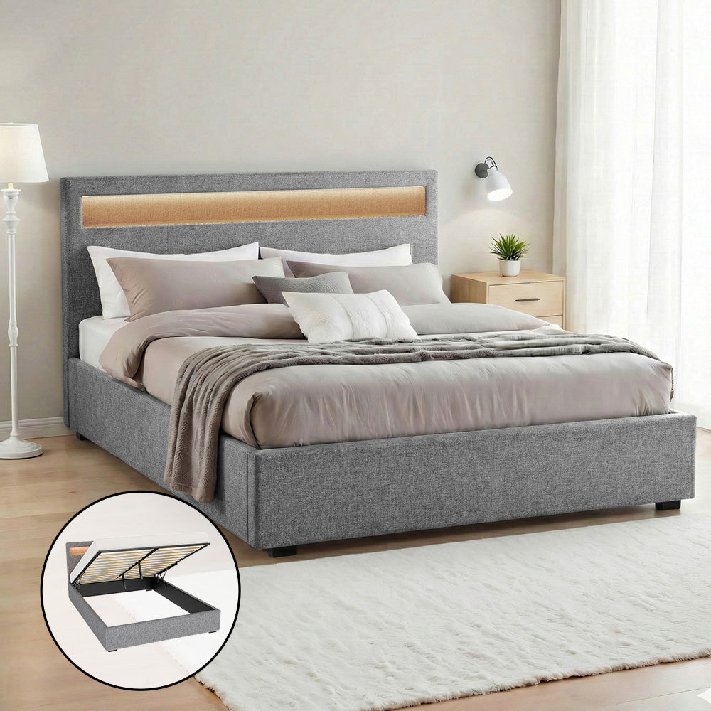 Tweepersoons Bedframe met Gaslift Opbergruimte en LED Hoofdbord – Grijs Gestoffeerd 140x190 cm