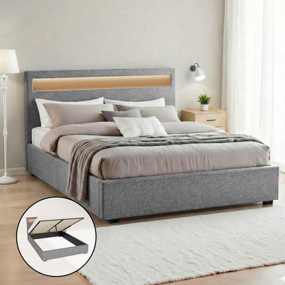 Tweepersoons Bedframe met Gaslift Opbergruimte en LED Hoofdbord – Grijs Gestoffeerd 140x190 cm