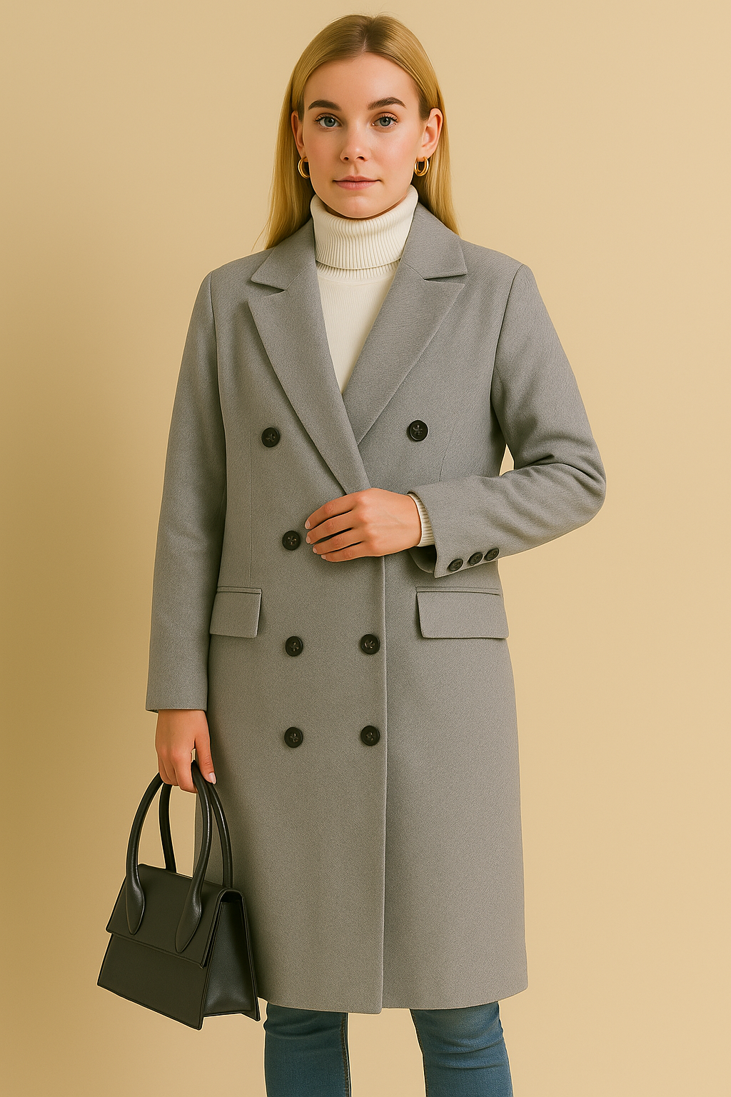Dames Wintermantel Lange Knopen Warme Coat Donkergrijs