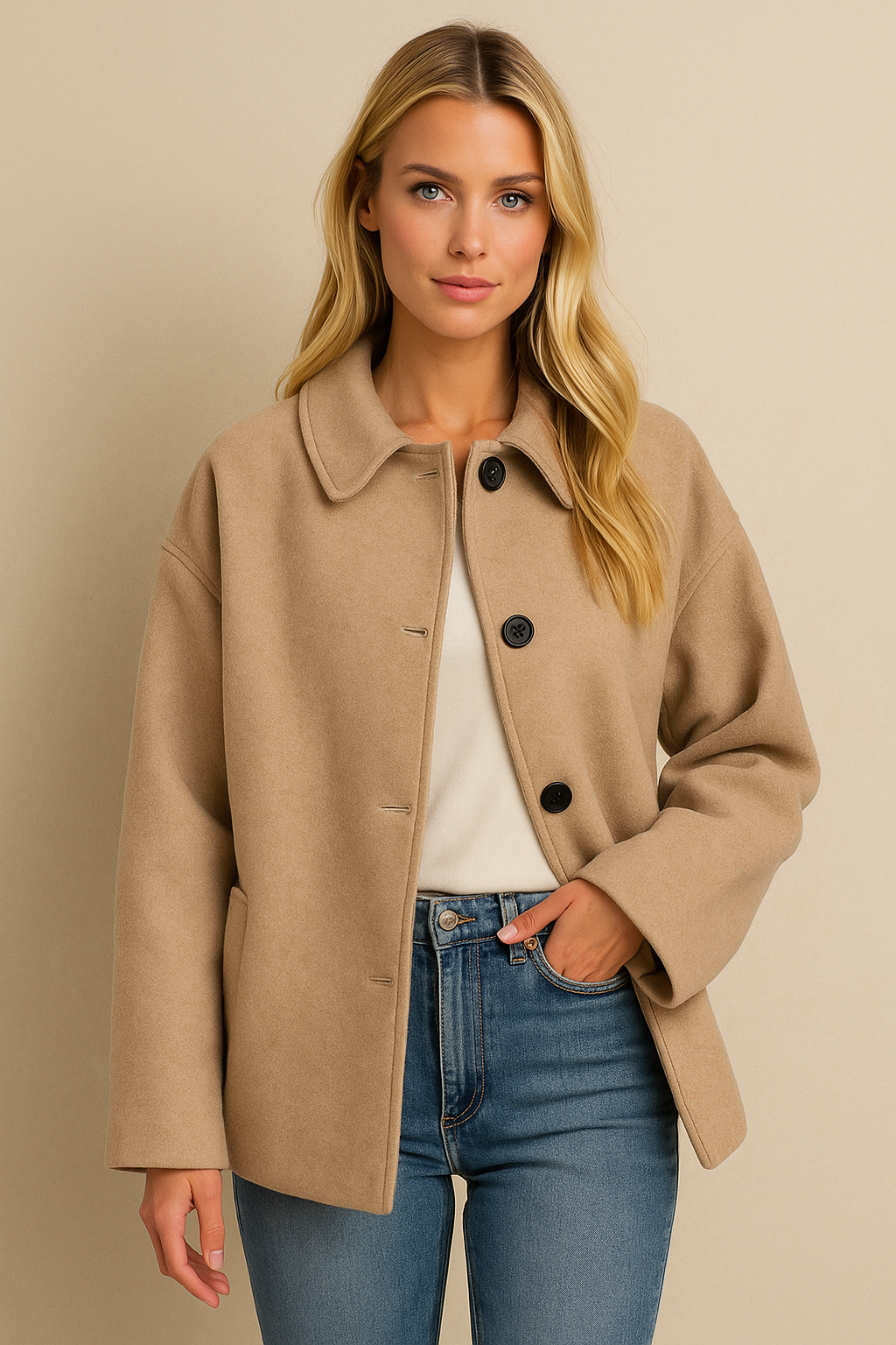 Damesjas Wijd Model met Kraag en Knopen van Wol Look Stof