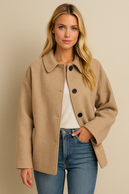 Damesjas Wijd Model met Kraag en Knopen van Wol Look Stof