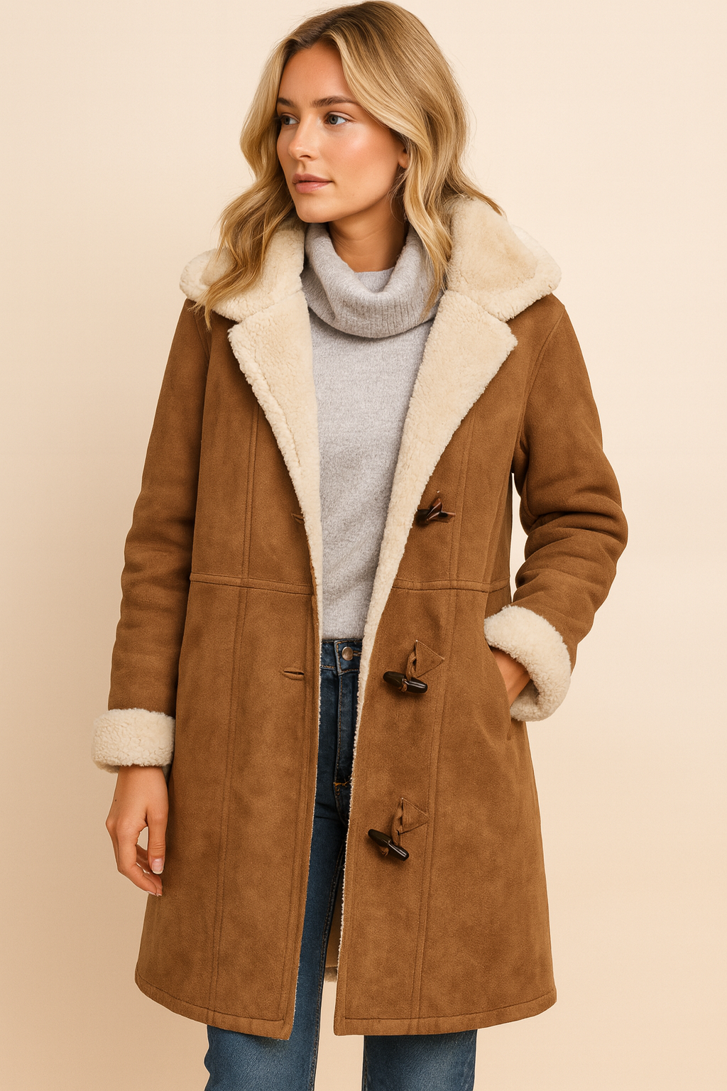 Dames Jas Warm met Sherpa Voering en Toggle Sluiting Beige - StudioMarella
