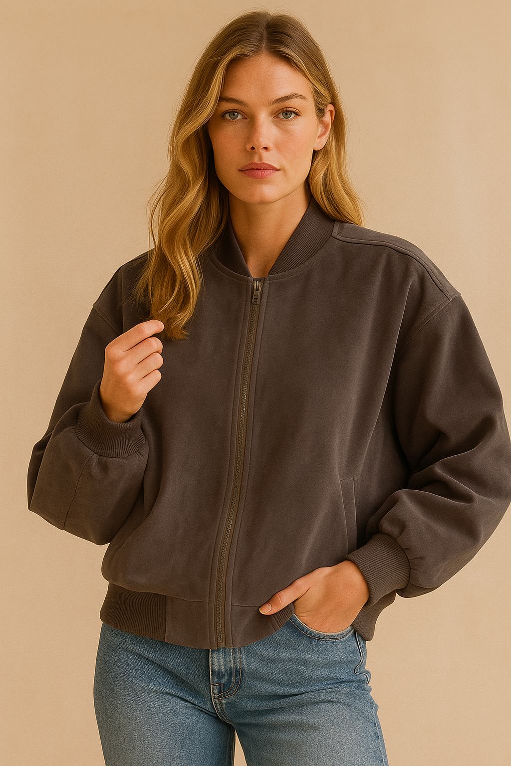 Dames Bomberjas Suède Look Vintage Stijl → Dames Bomberjas van Suède met Vintage Look