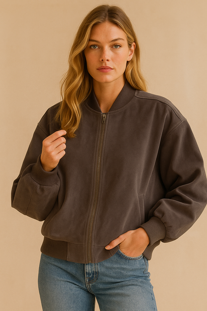 Dames Bomberjas Suède Look Vintage Stijl → Dames Bomberjas van Suède met Vintage Look