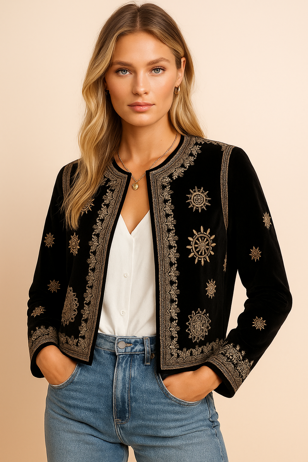 Dames Jasje Velvet Bruin Geborduurd Stijlvol - StudioMarella