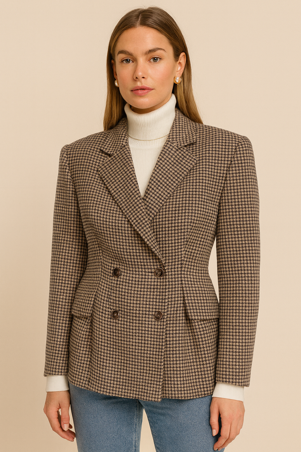 Dames Blazer Geruit Stijlvol met Plooien en Chic Design