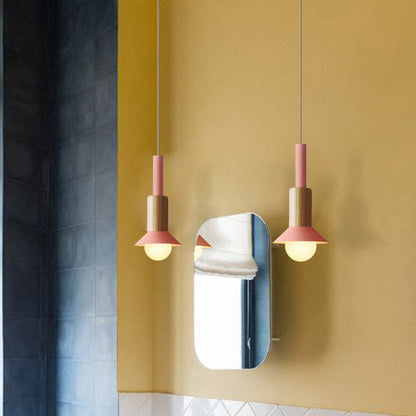 Scandinavische Houten Hanglamp met Gekleurd Metalen Accent - Minimalistische Verlichting voor Boven Eettafel en Woonkamer