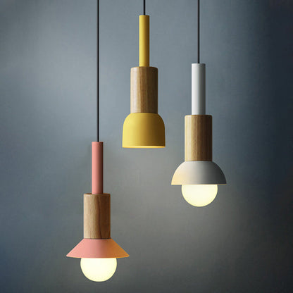 Scandinavische Houten Hanglamp met Gekleurd Metalen Accent - Minimalistische Verlichting voor Boven Eettafel en Woonkamer