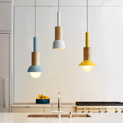 Scandinavische Houten Hanglamp met Gekleurd Metalen Accent - Minimalistische Verlichting voor Boven Eettafel en Woonkamer