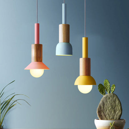 Scandinavische Houten Hanglamp met Gekleurd Metalen Accent - Minimalistische Verlichting voor Boven Eettafel en Woonkamer