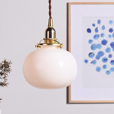 Vintage Hanglamp Goud met Glazen Kap E26 – Retro Koperen Verlichting voor Woonkamer en Eettafel