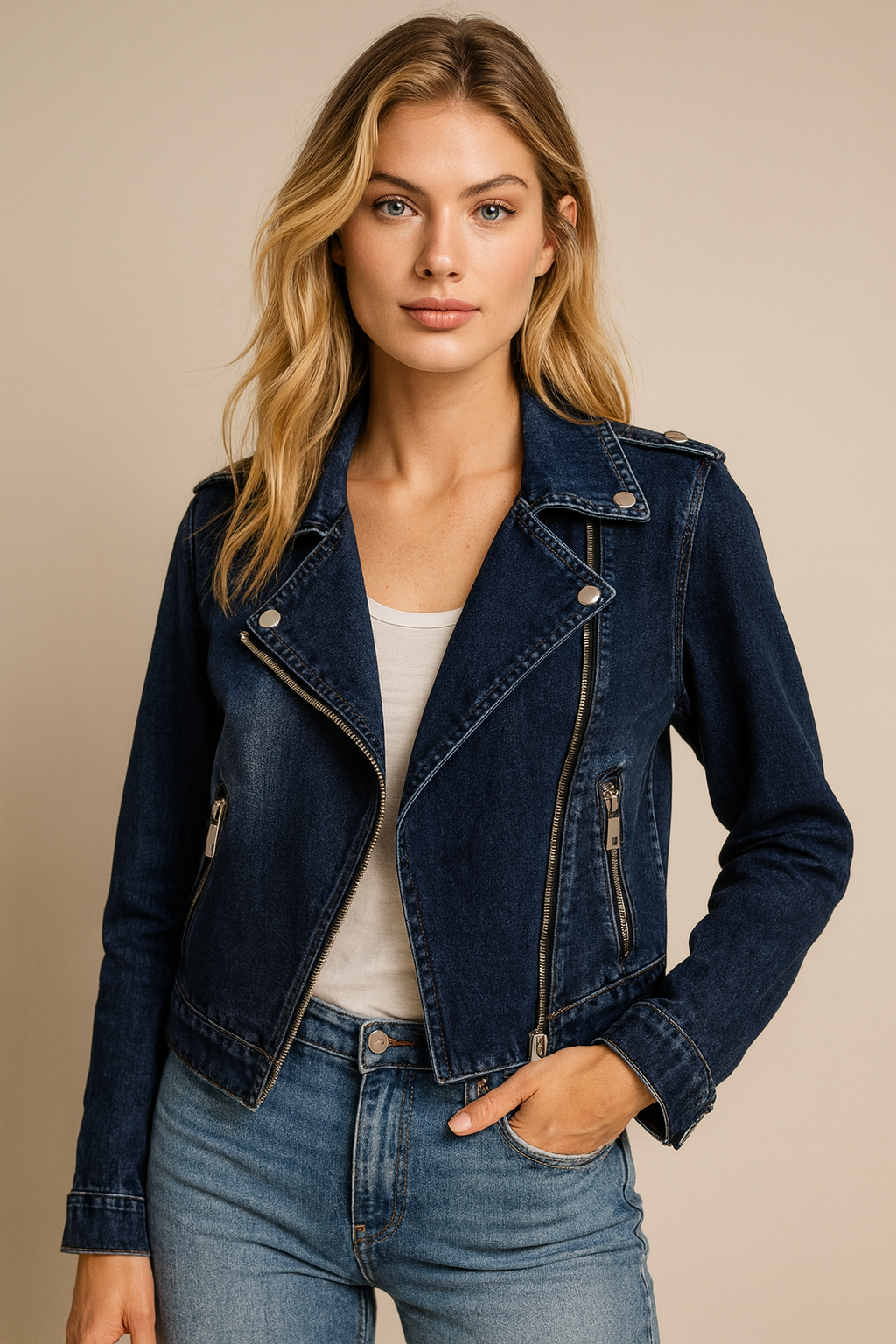 Dames Bikerjas Donkerblauw Denim Slimfit Model - StudioMarella