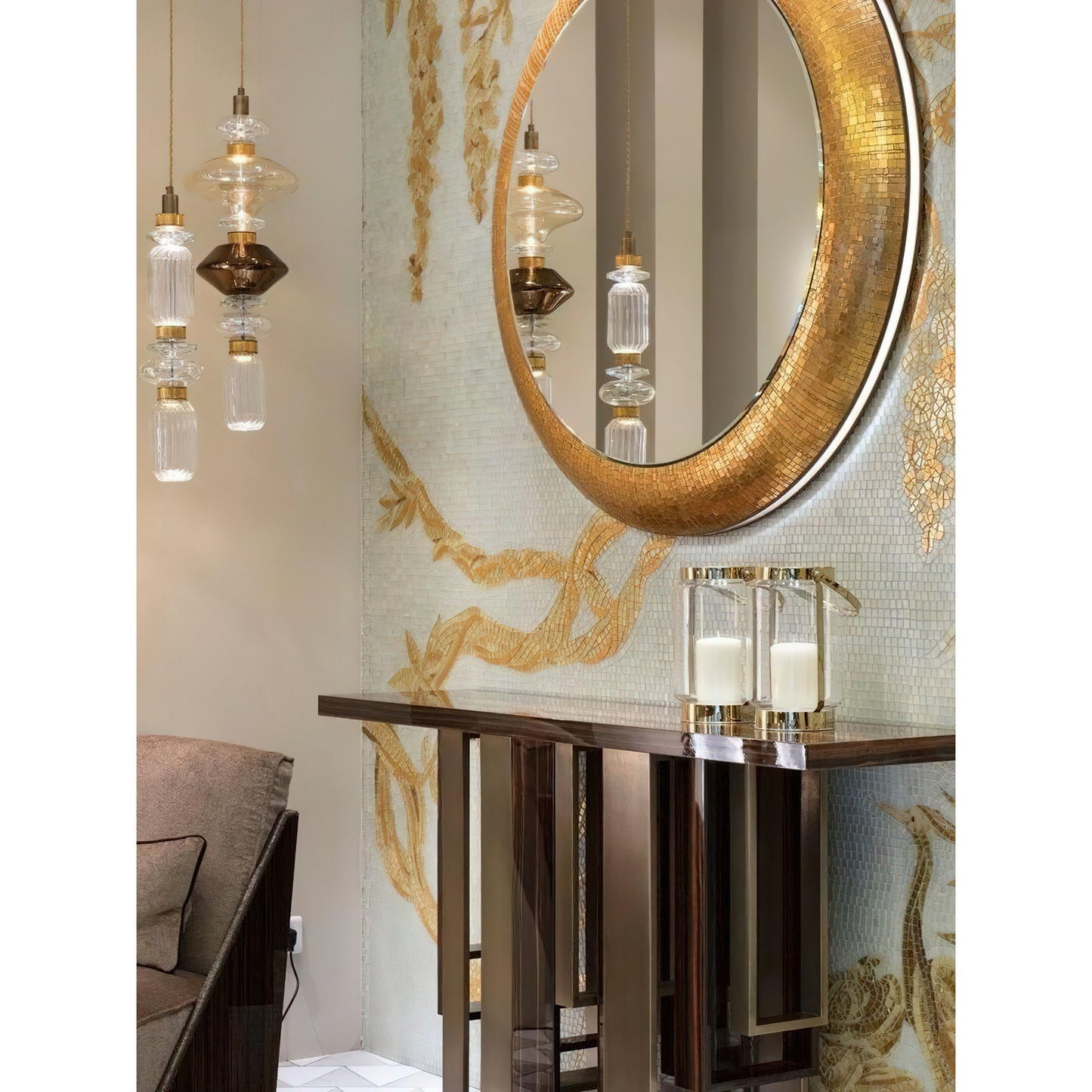 Glazen Hanglamp met Koperen Afwerking en Elegante Bolvorm voor Woonkamer en Eetkamer