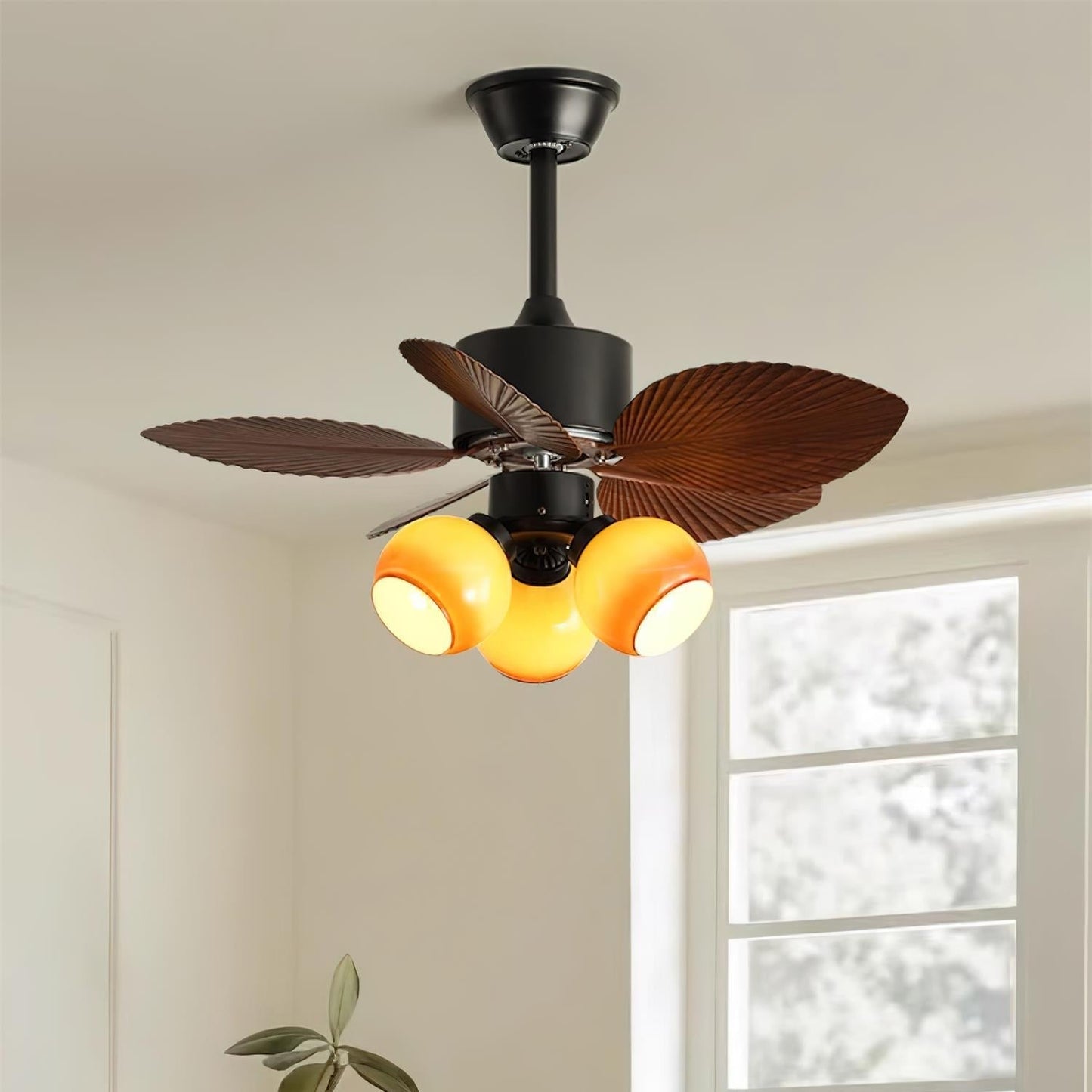 Tropische Plafondventilator met Glazen Verlichting Ø76cm – Ventilator Plafondlamp Afstandsbediening Dimbaar 6 Snelheden Koper Motor voor Slaapkamer Woonkamer