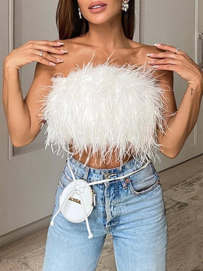 Feestelijke Bandeau Top van Wol en Polyester met Veren