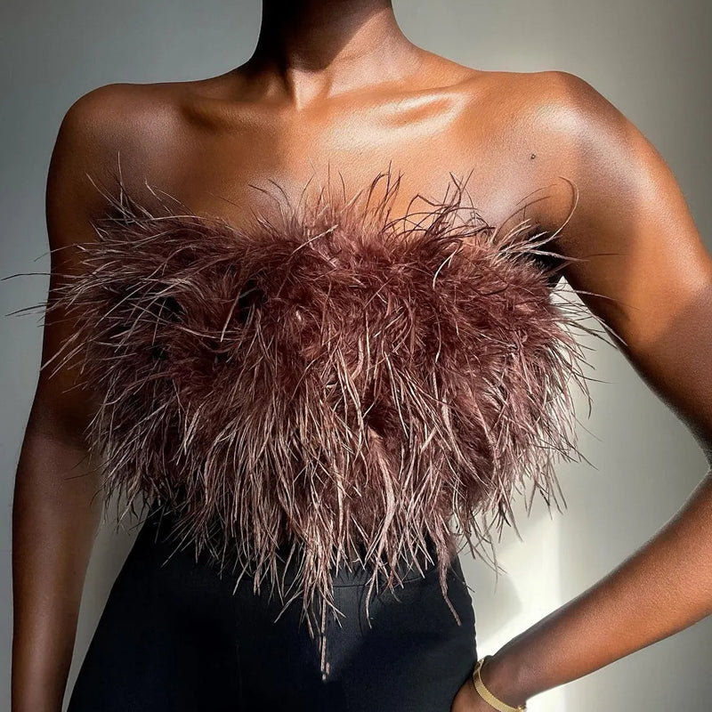 Feestelijke Bandeau Top van Wol en Polyester met Veren