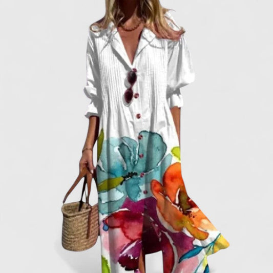 Dames Zomerjurk Bloemenprint Midi Jurk met Knoopsluiting - StudioMarella