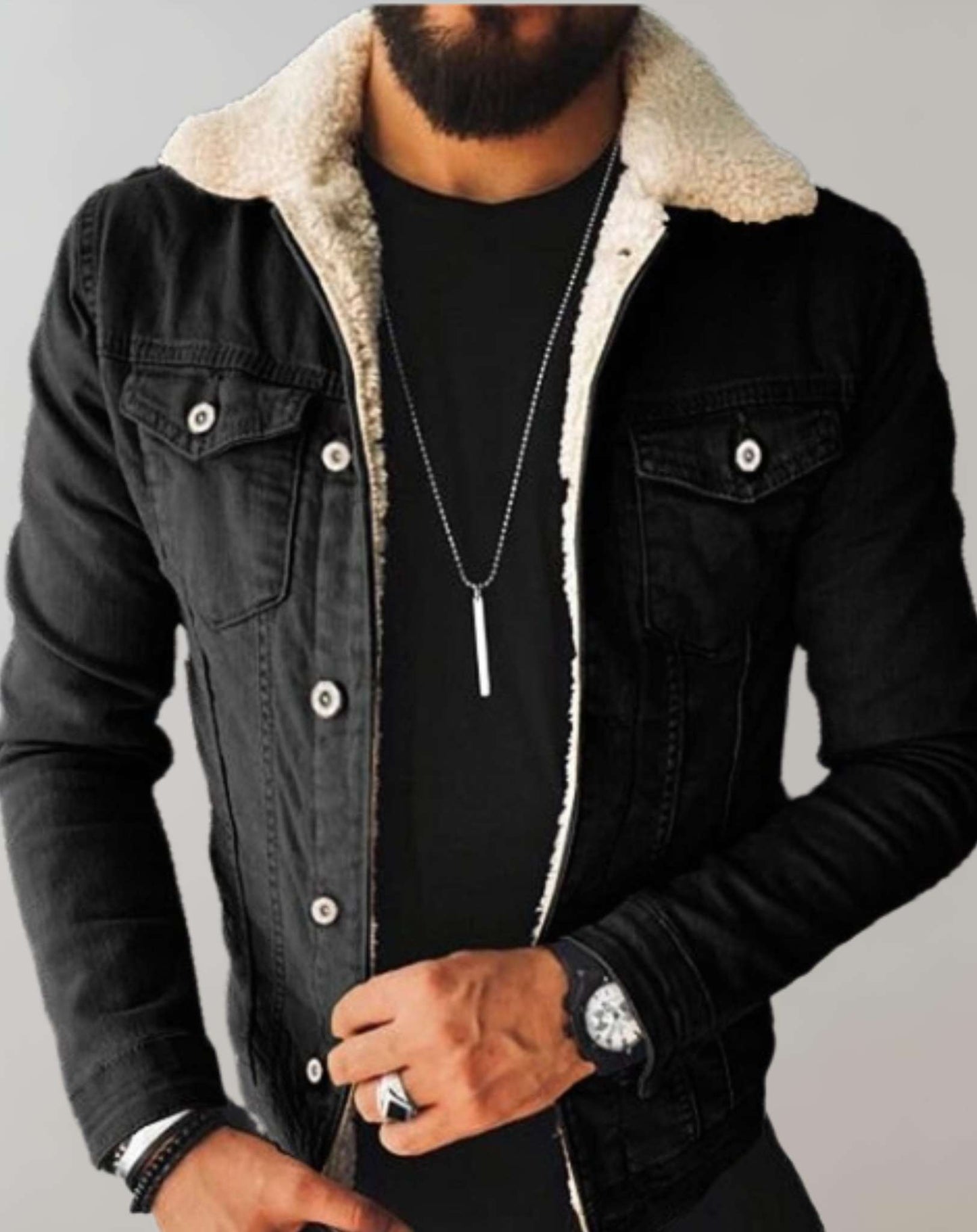 Heren Denim Jas Fleece Kraag Met Meerdere Zakken