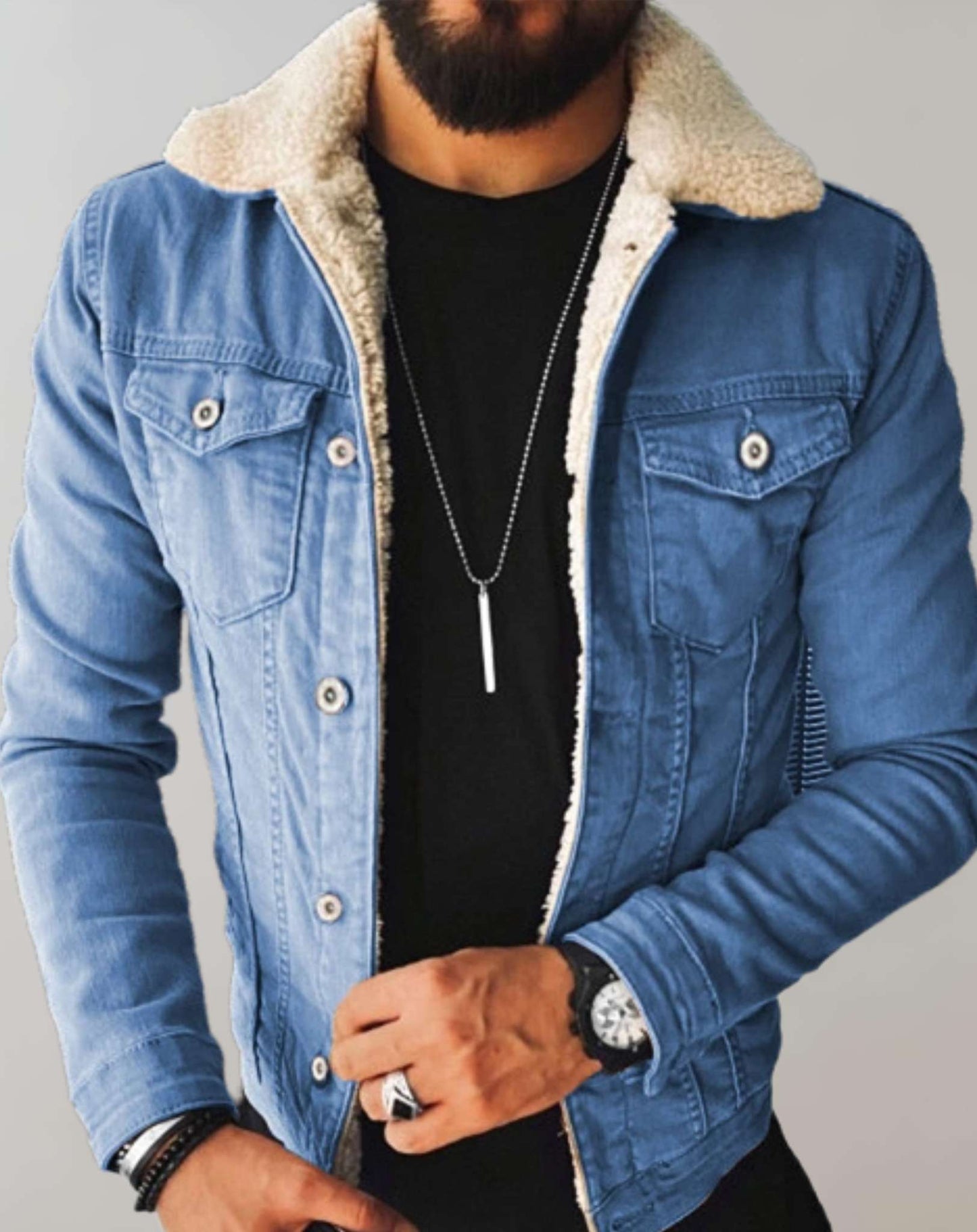 Heren Denim Jas Fleece Kraag Meerdere Zakken