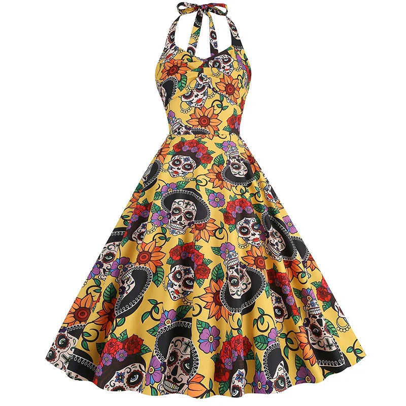 Midi Jurk met Schedel Print Rood Zwart