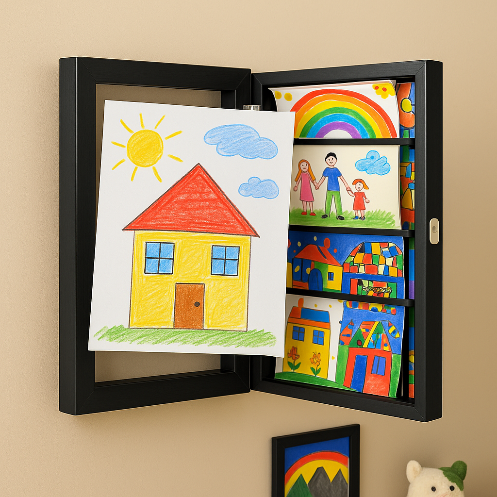 Kinderkunst Wissellijst A4 A3 met Opbergcapaciteit 150 Tekeningen Hout Klap Fotolijst voor Kinderkamer Woonkamer