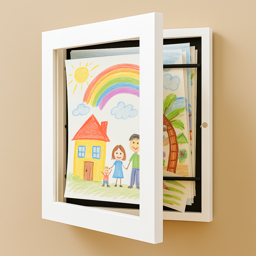 Kinderkunst Wissellijst A4 A3 met Opbergcapaciteit 150 Tekeningen Hout Klap Fotolijst voor Kinderkamer Woonkamer