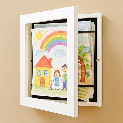 Kinderkunst Wissellijst A4 A3 met Opbergcapaciteit 150 Tekeningen Hout Klap Fotolijst voor Kinderkamer Woonkamer