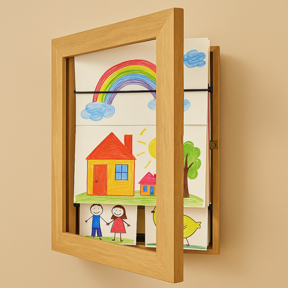 Kinderkunst Wissellijst A4 A3 met Opbergcapaciteit 150 Tekeningen Hout Klap Fotolijst voor Kinderkamer Woonkamer